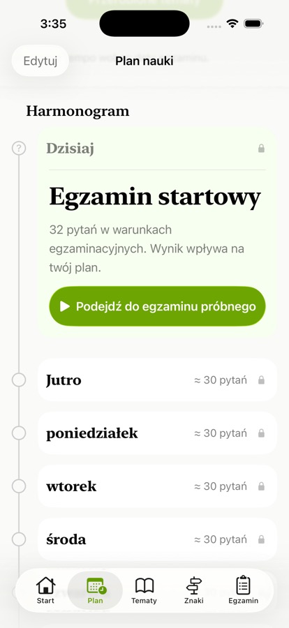 Test na Prawo Jazdy — Polska: Plan dostosowany do Twoich postępów.