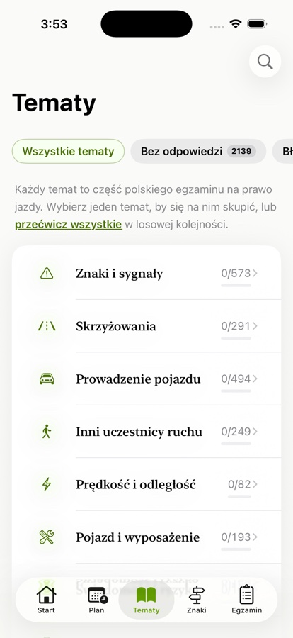 Test na Prawo Jazdy — Polska: Oficjalne pytania. Uporządkowane tematycznie.